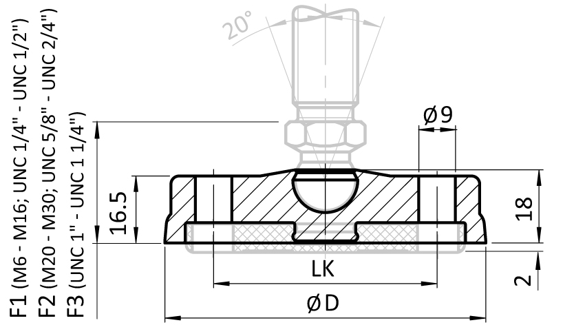 Base PA BDH for Swivel Feet, Ball Joint 15, Gray - Image 2